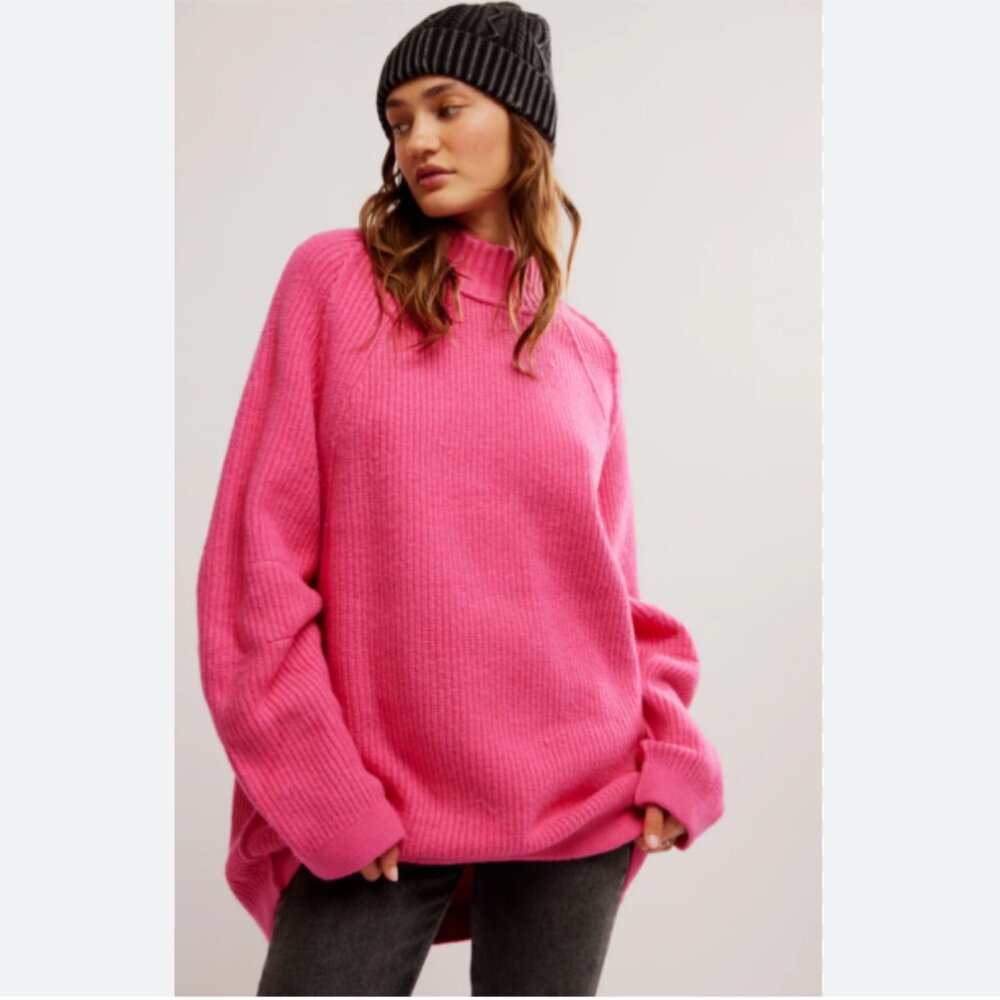 Free People Sunbeam Sweater Hot Pink Mock Neck Pullover – Size Small